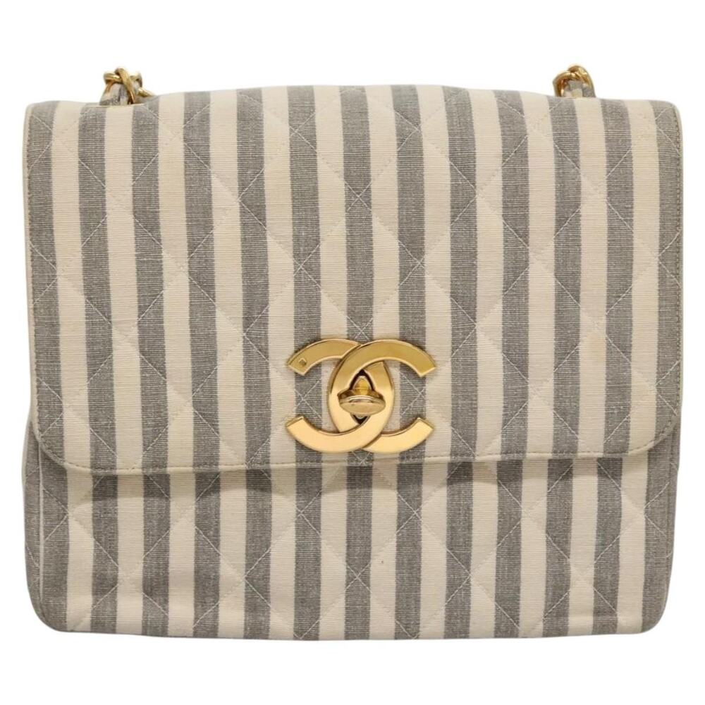 Chanel Canvas Striped Matelasse Chain Shoulder Bag White